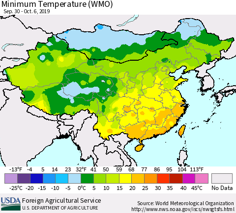 China and Taiwan Minimum Temperature (WMO) Thematic Map For 9/30/2019 - 10/6/2019