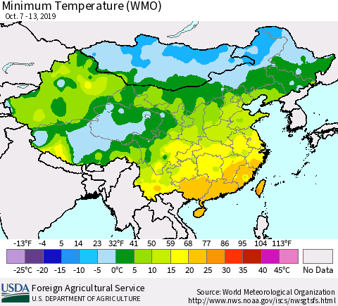 China and Taiwan Minimum Temperature (WMO) Thematic Map For 10/7/2019 - 10/13/2019