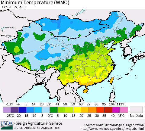 China and Taiwan Minimum Temperature (WMO) Thematic Map For 10/21/2019 - 10/27/2019