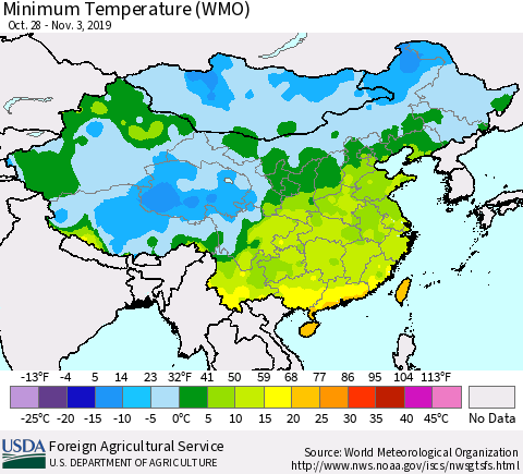China and Taiwan Minimum Temperature (WMO) Thematic Map For 10/28/2019 - 11/3/2019