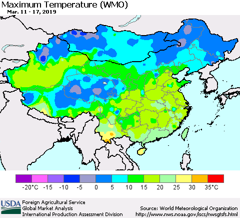 China and Taiwan Maximum Temperature (WMO) Thematic Map For 3/11/2019 - 3/17/2019