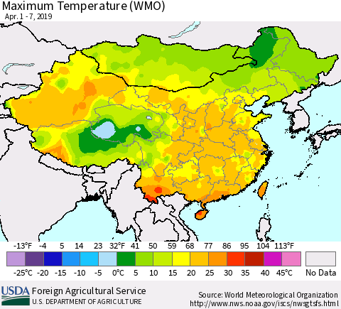 China and Taiwan Maximum Temperature (WMO) Thematic Map For 4/1/2019 - 4/7/2019