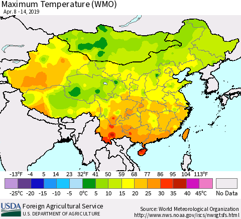 China and Taiwan Maximum Temperature (WMO) Thematic Map For 4/8/2019 - 4/14/2019