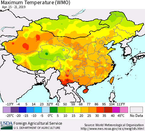 China and Taiwan Maximum Temperature (WMO) Thematic Map For 4/15/2019 - 4/21/2019