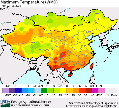 China and Taiwan Maximum Temperature (WMO) Thematic Map For 4/22/2019 - 4/28/2019