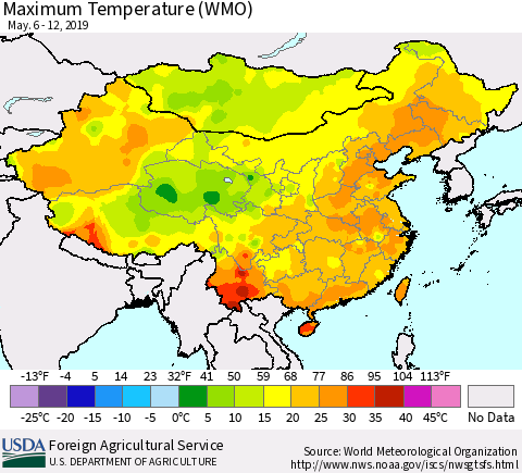 China and Taiwan Maximum Temperature (WMO) Thematic Map For 5/6/2019 - 5/12/2019