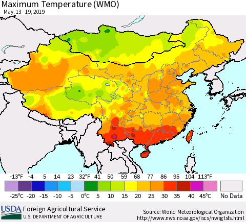 China and Taiwan Maximum Temperature (WMO) Thematic Map For 5/13/2019 - 5/19/2019