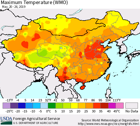 China and Taiwan Maximum Temperature (WMO) Thematic Map For 5/20/2019 - 5/26/2019