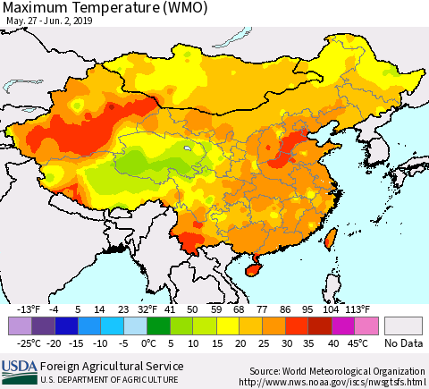 China and Taiwan Maximum Temperature (WMO) Thematic Map For 5/27/2019 - 6/2/2019
