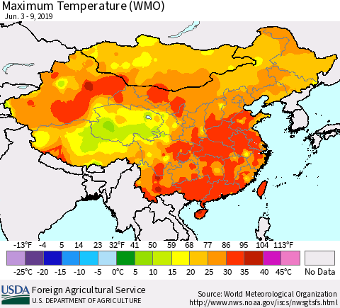 China and Taiwan Maximum Temperature (WMO) Thematic Map For 6/3/2019 - 6/9/2019