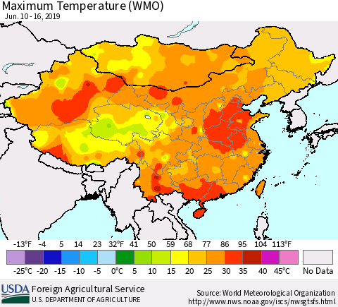 China and Taiwan Maximum Temperature (WMO) Thematic Map For 6/10/2019 - 6/16/2019