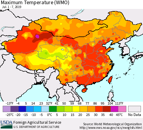 China and Taiwan Maximum Temperature (WMO) Thematic Map For 7/1/2019 - 7/7/2019