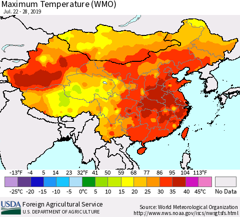 China and Taiwan Maximum Temperature (WMO) Thematic Map For 7/22/2019 - 7/28/2019