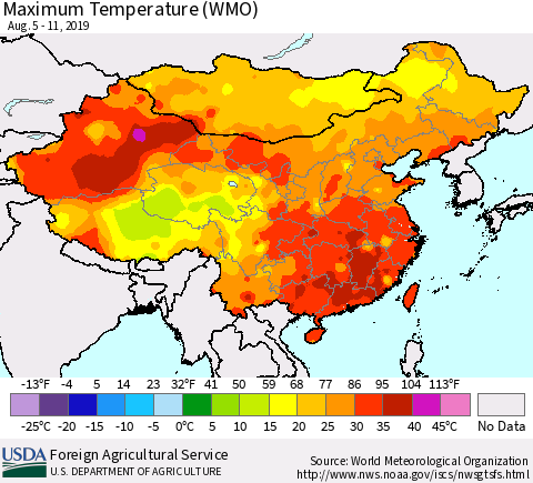 China and Taiwan Maximum Temperature (WMO) Thematic Map For 8/5/2019 - 8/11/2019