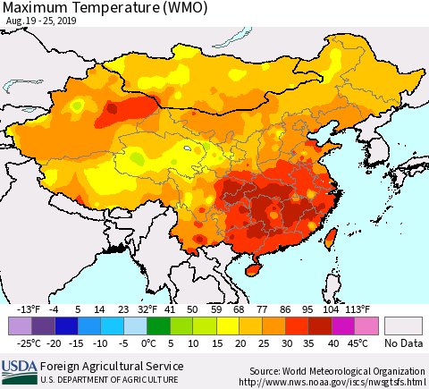 China and Taiwan Maximum Temperature (WMO) Thematic Map For 8/19/2019 - 8/25/2019