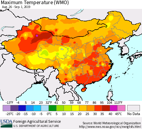 China and Taiwan Maximum Temperature (WMO) Thematic Map For 8/26/2019 - 9/1/2019