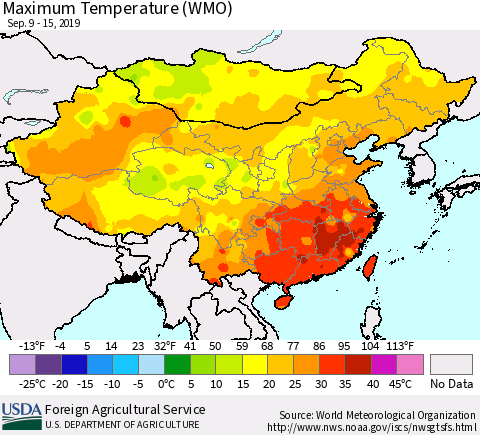 China and Taiwan Maximum Temperature (WMO) Thematic Map For 9/9/2019 - 9/15/2019