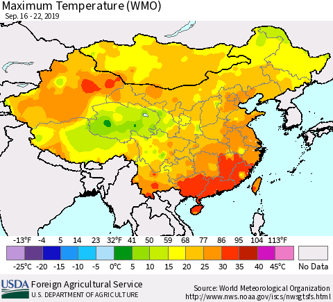 China and Taiwan Maximum Temperature (WMO) Thematic Map For 9/16/2019 - 9/22/2019
