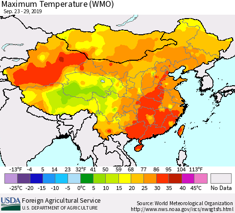 China and Taiwan Maximum Temperature (WMO) Thematic Map For 9/23/2019 - 9/29/2019