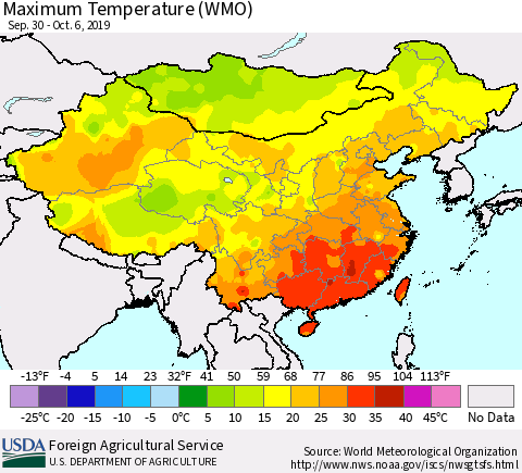 China and Taiwan Maximum Temperature (WMO) Thematic Map For 9/30/2019 - 10/6/2019
