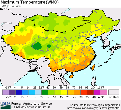 China and Taiwan Maximum Temperature (WMO) Thematic Map For 10/14/2019 - 10/20/2019