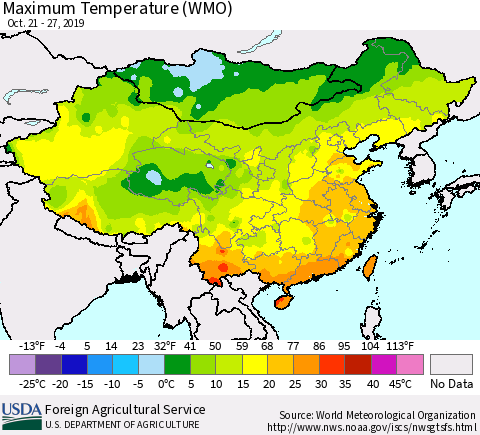China and Taiwan Maximum Temperature (WMO) Thematic Map For 10/21/2019 - 10/27/2019