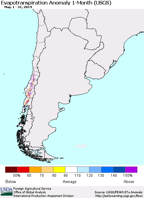 Chile Evapotranspiration Anomaly 1-Month (USGS) Thematic Map For 5/1/2019 - 5/31/2019