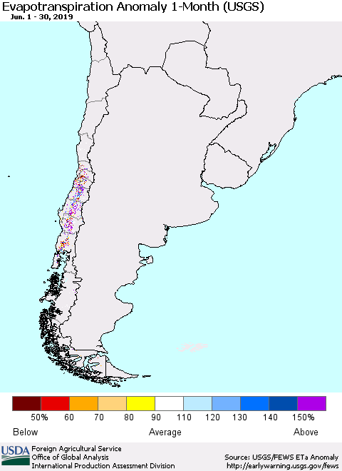 Chile Evapotranspiration Anomaly 1-Month (USGS) Thematic Map For 6/1/2019 - 6/30/2019