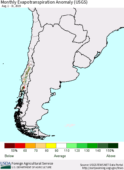 Chile Evapotranspiration Anomaly 1-Month (USGS) Thematic Map For 8/1/2019 - 8/31/2019