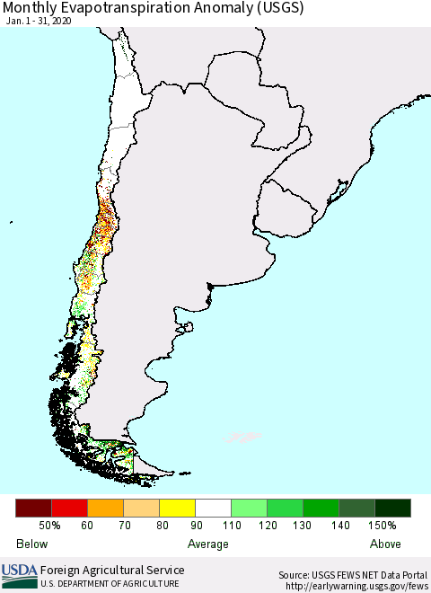 Chile Monthly Evapotranspiration Anomaly (USGS) Thematic Map For 1/1/2020 - 1/31/2020