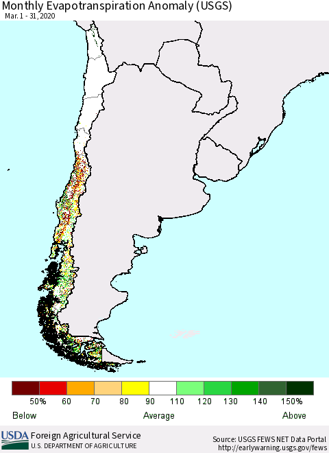 Chile Monthly Evapotranspiration Anomaly (USGS) Thematic Map For 3/1/2020 - 3/31/2020
