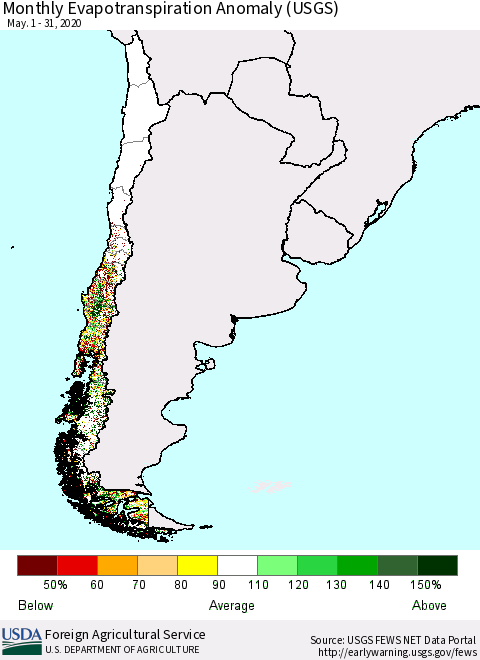 Chile Monthly Evapotranspiration Anomaly (USGS) Thematic Map For 5/1/2020 - 5/31/2020