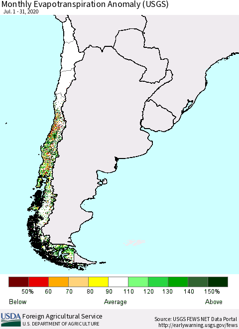 Chile Monthly Evapotranspiration Anomaly (USGS) Thematic Map For 7/1/2020 - 7/31/2020