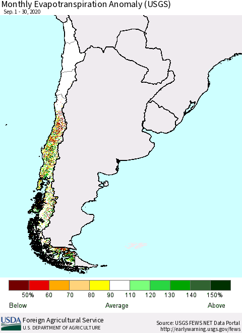 Chile Monthly Evapotranspiration Anomaly (USGS) Thematic Map For 9/1/2020 - 9/30/2020
