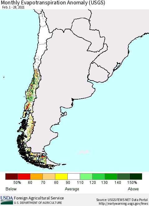 Chile Monthly Evapotranspiration Anomaly (USGS) Thematic Map For 2/1/2021 - 2/28/2021
