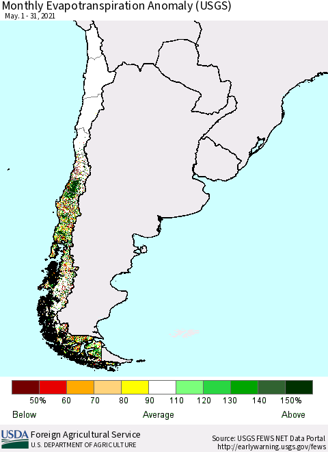 Chile Monthly Actual Evapotranspiration Anomaly (USGS) Thematic Map For 5/1/2021 - 5/31/2021