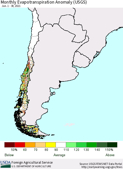Chile Monthly Actual Evapotranspiration Anomaly (USGS) Thematic Map For 6/1/2021 - 6/30/2021