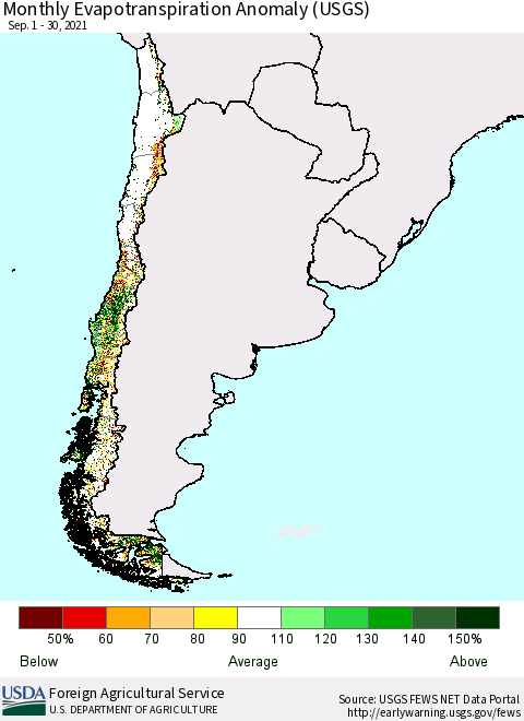 Chile Monthly Actual Evapotranspiration Anomaly (USGS) Thematic Map For 9/1/2021 - 9/30/2021