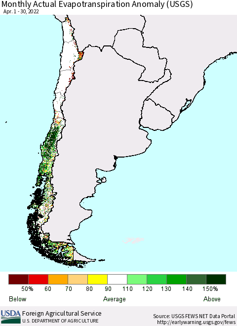 Chile Monthly Actual Evapotranspiration Anomaly (USGS) Thematic Map For 4/1/2022 - 4/30/2022