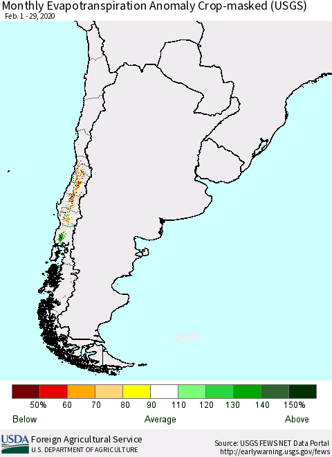 Chile Monthly Actual Evapotranspiration Anomaly over Croplands (USGS) Thematic Map For 2/1/2020 - 2/29/2020