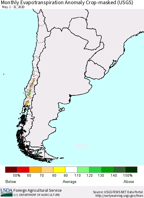 Chile Monthly Actual Evapotranspiration Anomaly over Croplands (USGS) Thematic Map For 5/1/2020 - 5/31/2020