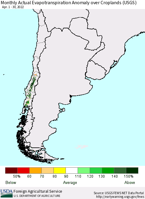 Chile Monthly Actual Evapotranspiration Anomaly over Croplands (USGS) Thematic Map For 4/1/2022 - 4/30/2022