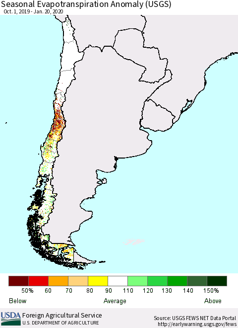 Chile Seasonal Evapotranspiration Anomaly (USGS) Thematic Map For 9/1/2019 - 1/20/2020