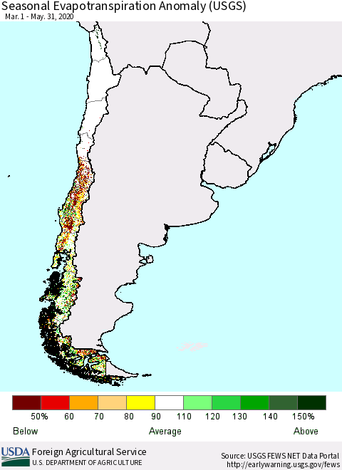 Chile Seasonal Actual Evapotranspiration Anomaly (USGS) Thematic Map For 4/1/2020 - 5/31/2020