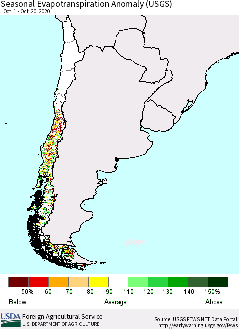 Chile Seasonal Evapotranspiration Anomaly (USGS) Thematic Map For 9/1/2020 - 10/20/2020