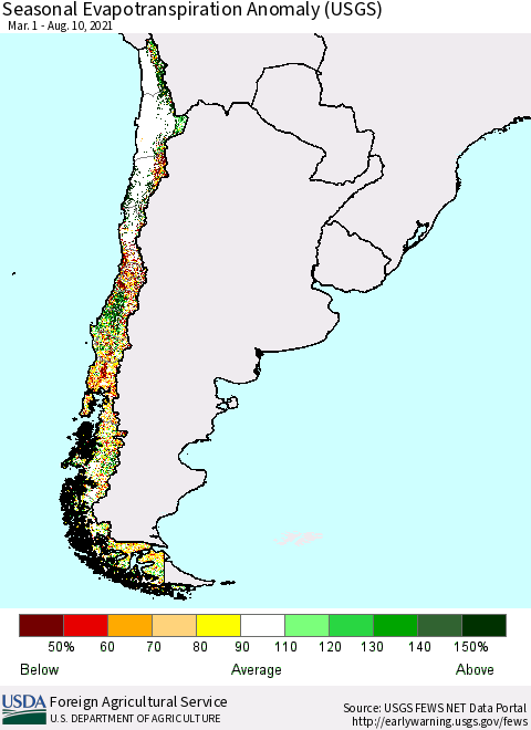 Chile Seasonal Actual Evapotranspiration Anomaly (USGS) Thematic Map For 4/1/2021 - 8/10/2021