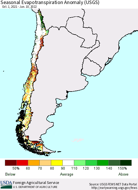 Chile Seasonal Actual Evapotranspiration Anomaly (USGS) Thematic Map For 9/1/2021 - 1/10/2022