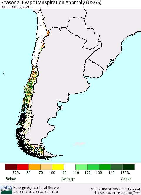 Chile Seasonal Actual Evapotranspiration Anomaly (USGS) Thematic Map For 9/1/2021 - 10/10/2021