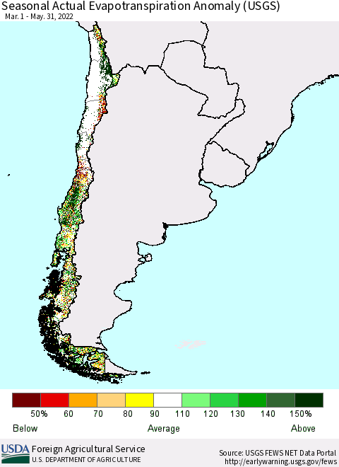 Chile Seasonal Actual Evapotranspiration Anomaly (USGS) Thematic Map For 4/1/2022 - 5/31/2022