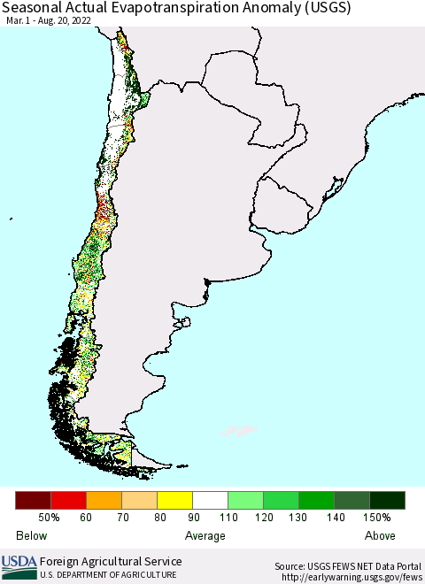 Chile Seasonal Actual Evapotranspiration Anomaly (USGS) Thematic Map For 4/1/2022 - 8/20/2022